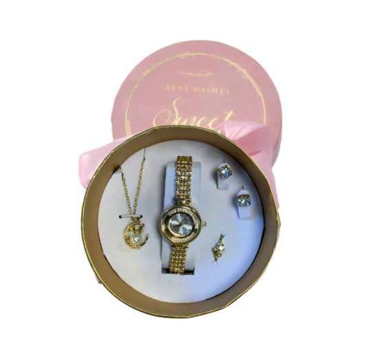 SET DE REGALO MUJER 6P RELOJ PULSERA CARAVANAS ANILLO CADENA DIJE