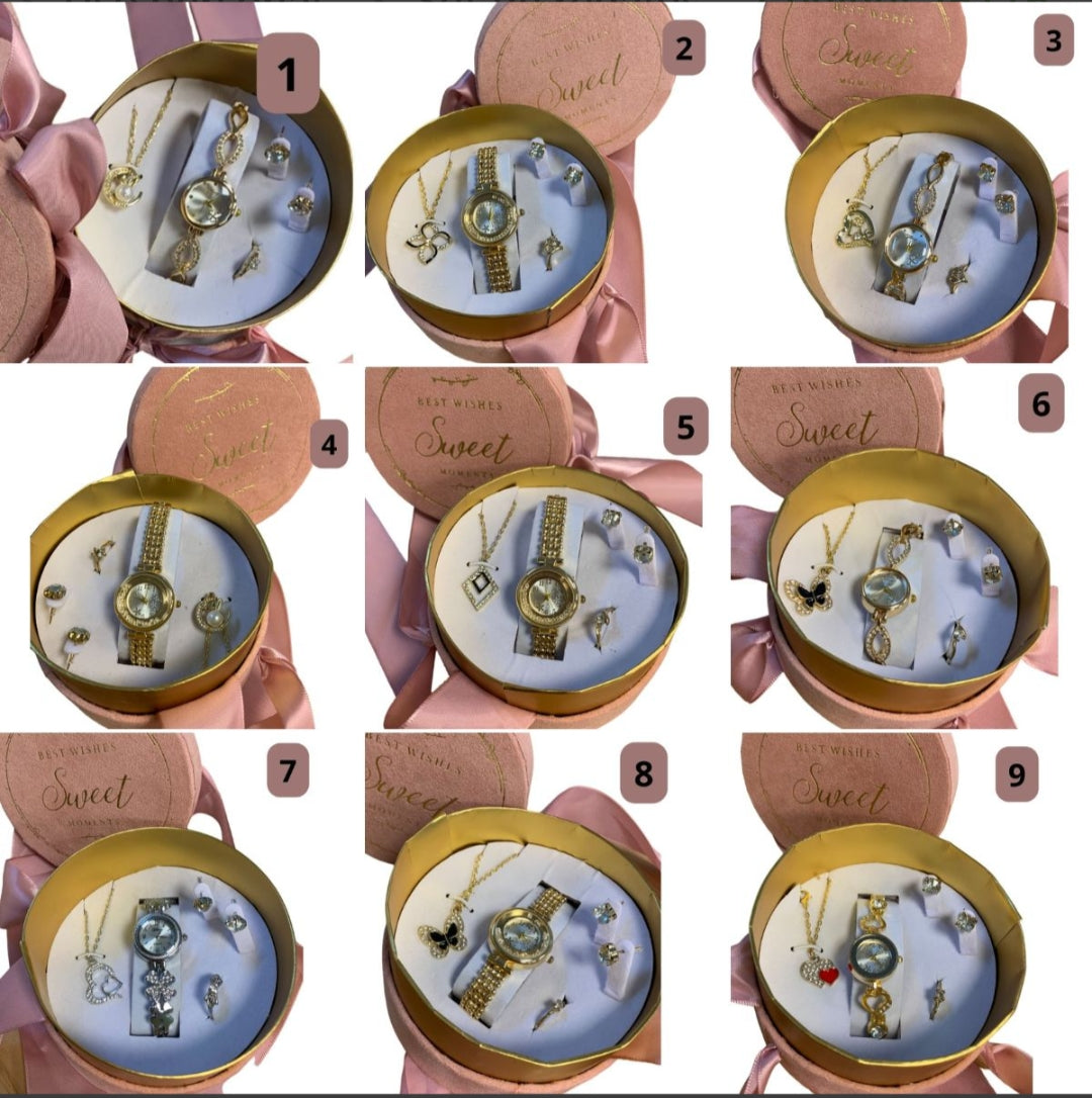 SET DE REGALO MUJER 6P RELOJ PULSERA CARAVANAS ANILLO CADENA DIJE