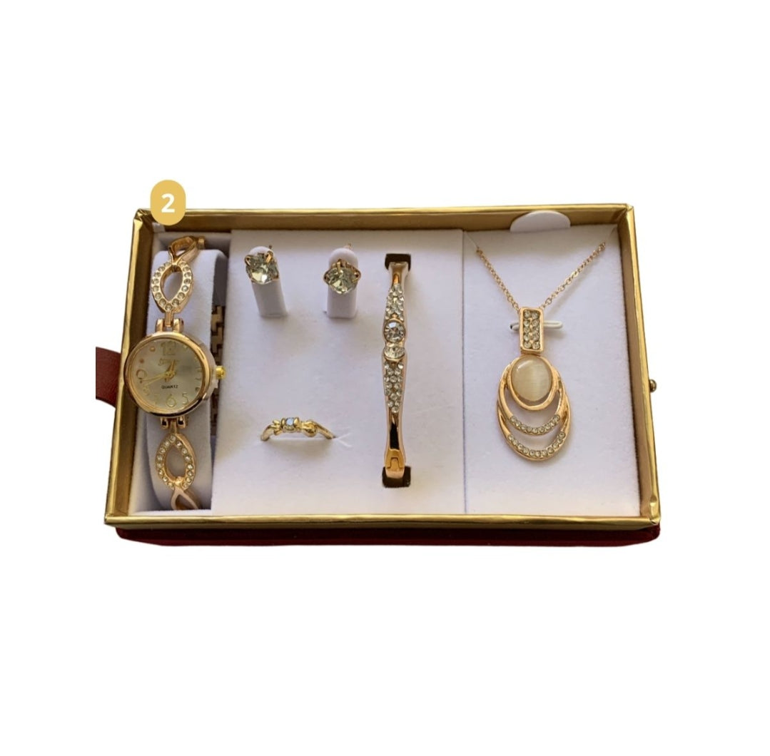 SET DE REGALO MUJER 6P RELOJ PULSERA CARAVANAS ANILLO CADENA DIJE